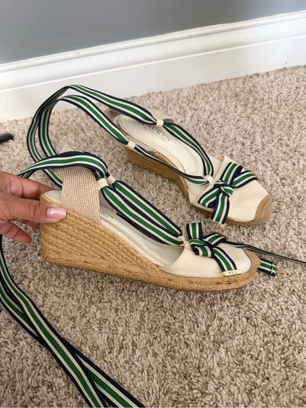 Lauren Ralph Lauren Cream Espadrille Wedges with Green and Navy Striped Ribbon